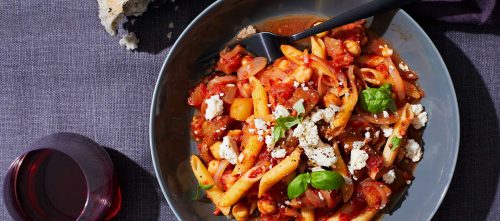 Penne with Eggplant, Tomatoes & Chick Peas
