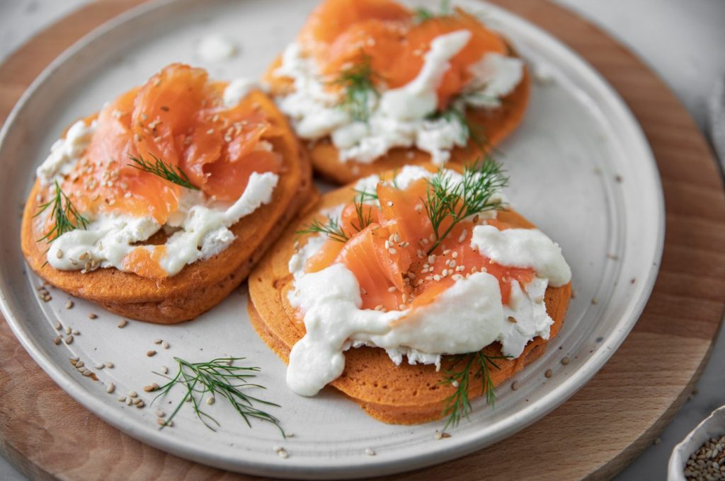 Savoury Tomato Pancakes with salmon and goats cheese fondue Savoury Tomato Pancakes with salmon and goats cheese fondue