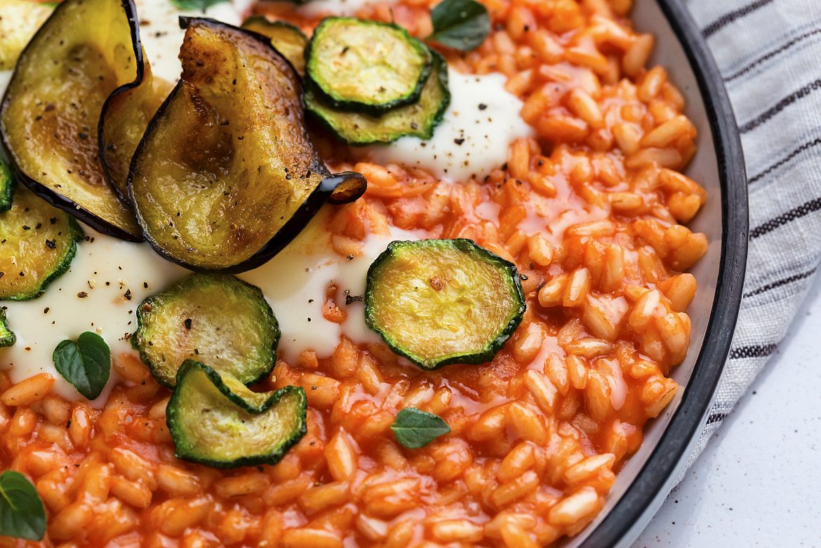 Tomato Risotto with Parmesan Fondue and Fried Veggies Tomato Risotto with Parmesan Fondue and Fried Veggies