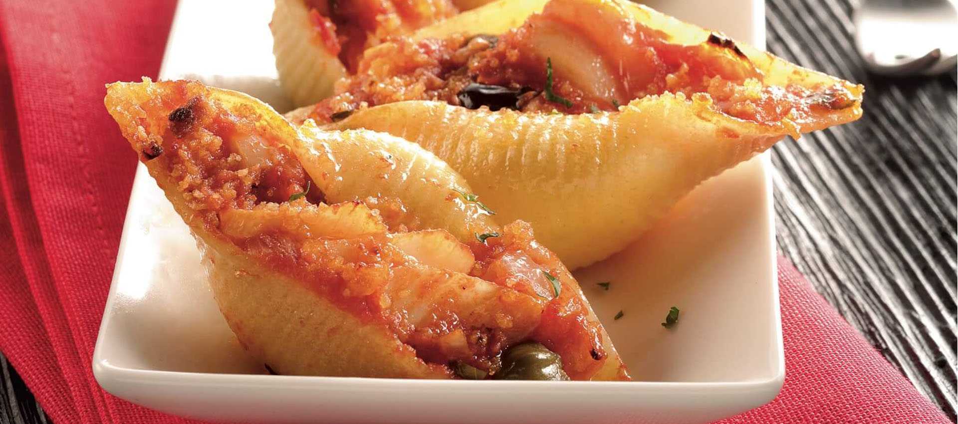 Conchiglioni gratines au « baccala » tomates & olives Conchiglioni gratines au « baccala » tomates & olives