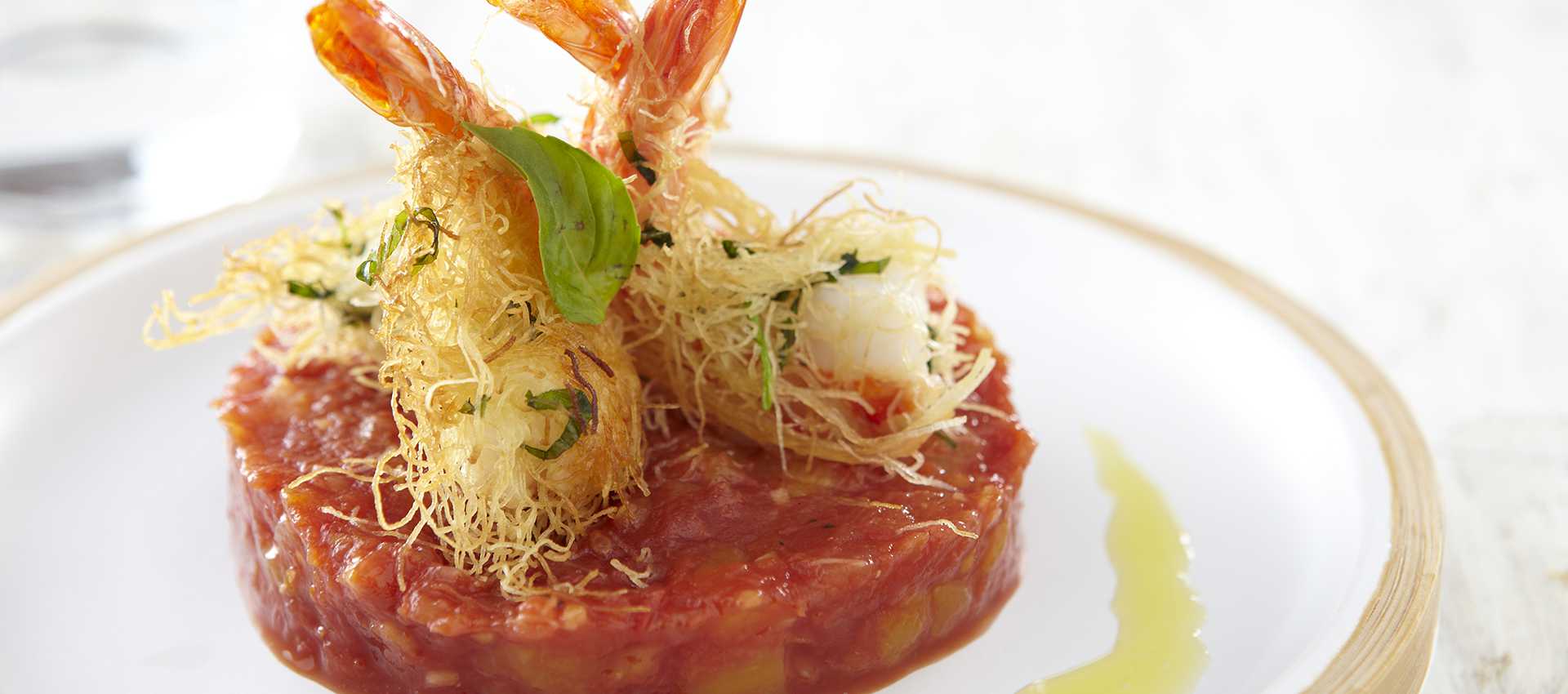 Prawn and basil kadaif, tomato and exotic fruit chutney Prawn and basil kadaif, tomato and exotic fruit chutney