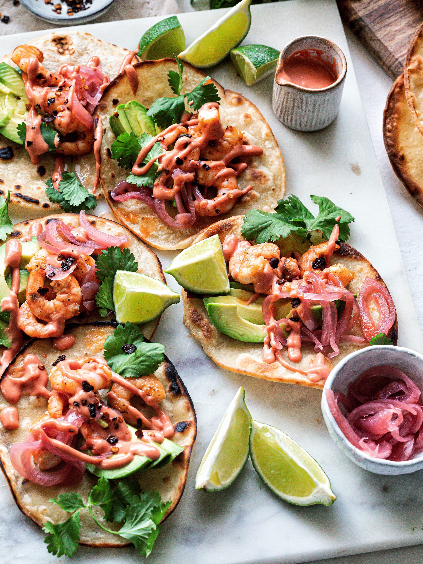 Grilled prawn tostadas with a marie rose drizzle Grilled prawn tostadas with a marie rose drizzle