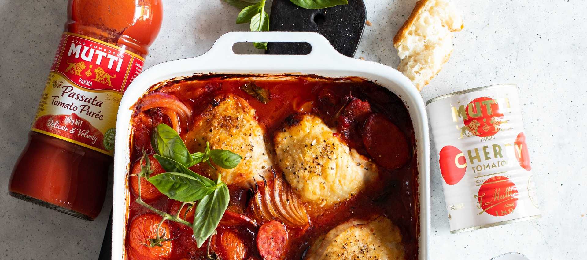 One Pan Crispy Chicken Thigh, Tomato and Chorizo Bake One Pan Crispy Chicken Thigh, Tomato and Chorizo Bake