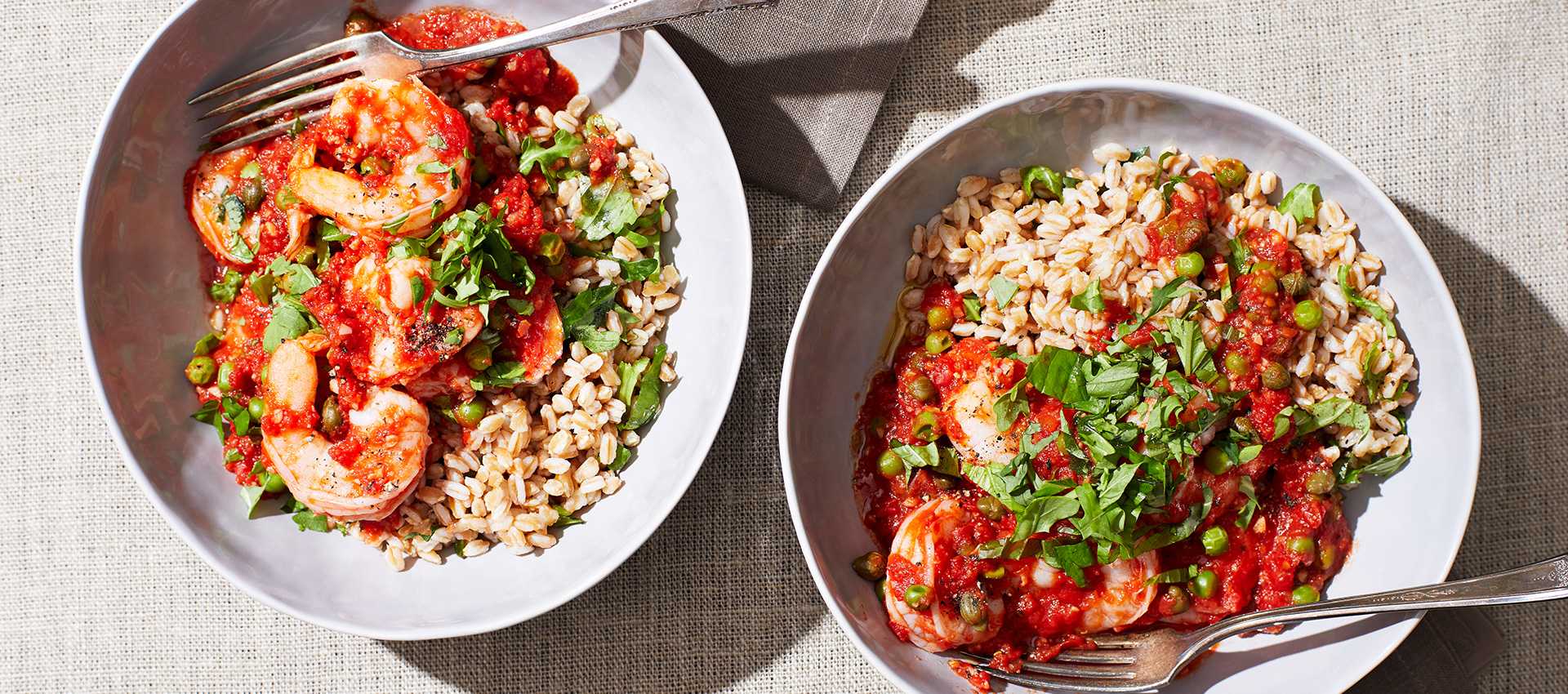 Tomato-Poached Shrimp with Peas, Herbs & Farro Tomato-Poached Shrimp with Peas, Herbs & Farro