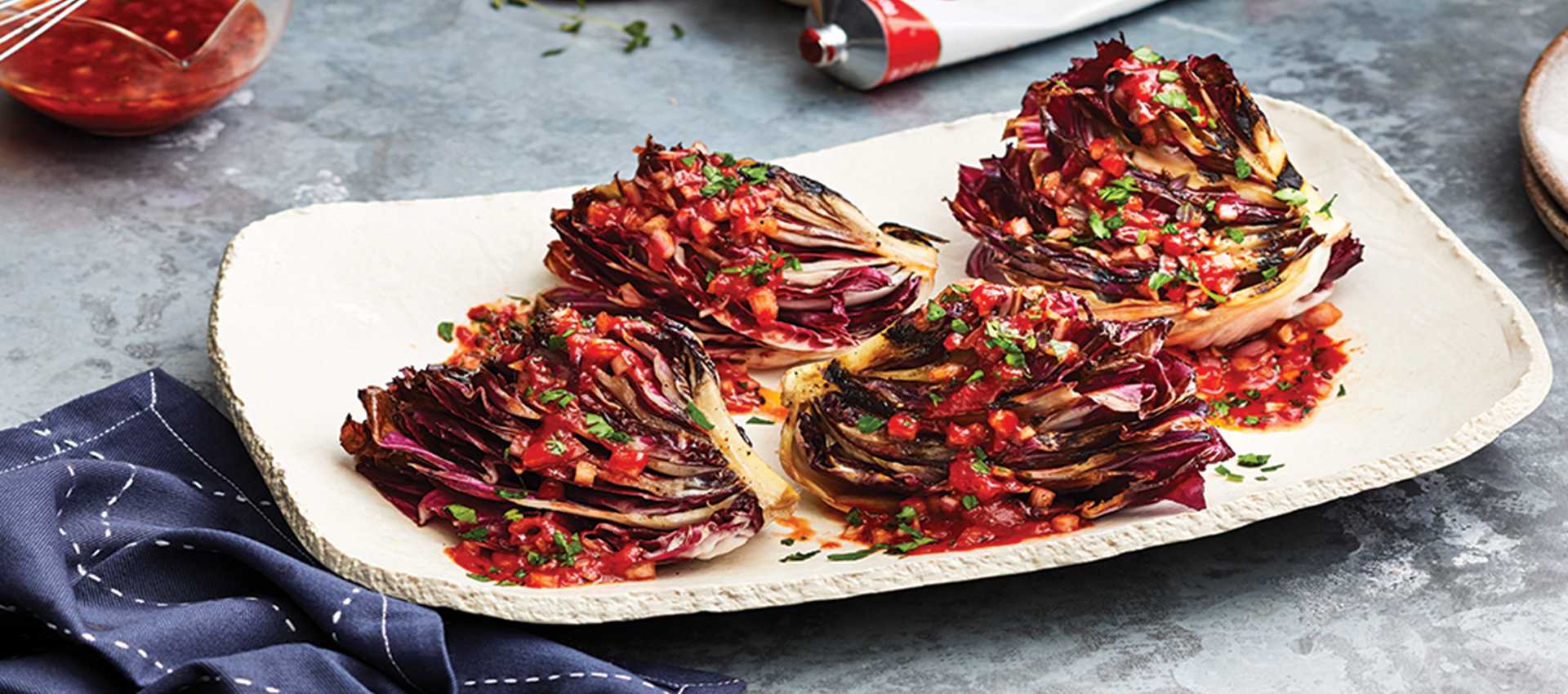 Grilled Radicchio with Tomato-White Balsamic Vinaigrette Grilled Radicchio with Tomato-White Balsamic Vinaigrette